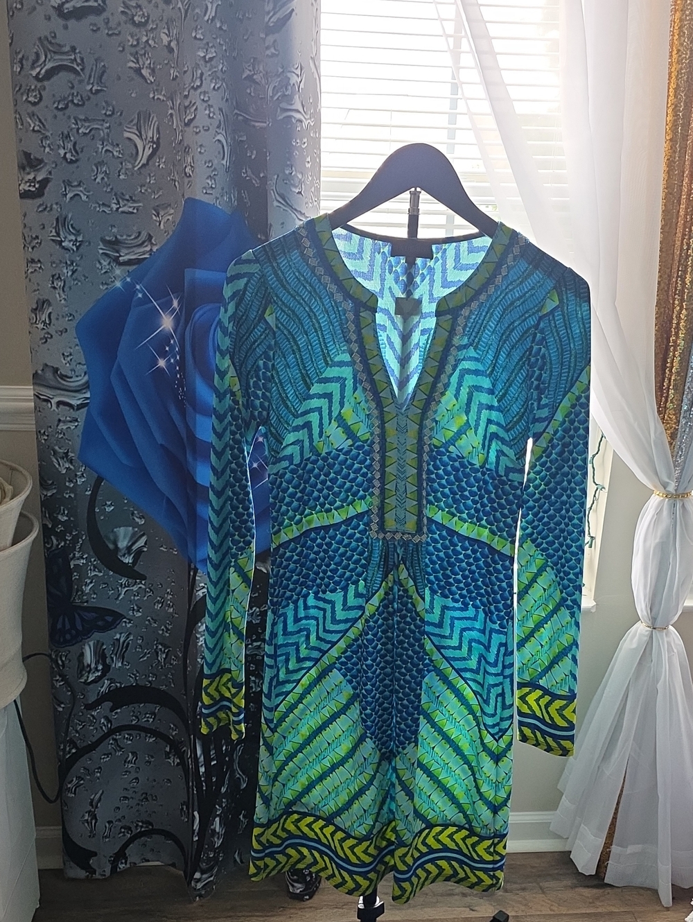 Hale Bob Blue & Green Geometric V-Neck Tunic